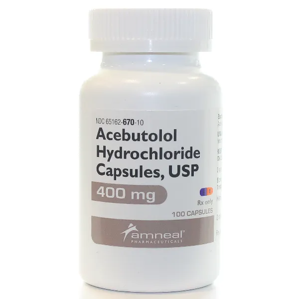 Acebutolol A white prescription bottle of Acebutolol Hydrochloride Capsules, USP 400 mg by Amneal Pharmaceuticals, containing 100 capsules, used for treating high blood pressure and angina.