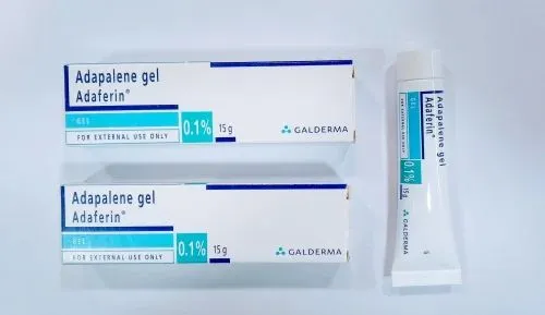Two boxes and one tube of Adapalene gel 0.1% (Adaferin) by Galderma, 15g each, indicated for external use only as a topical treatment for acne.