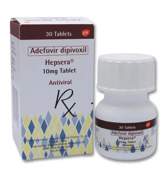 A box and bottle of Hepsera (Adefovir dipivoxil) 10 mg tablets by GSK, an antiviral prescription medication containing 30 tablets.