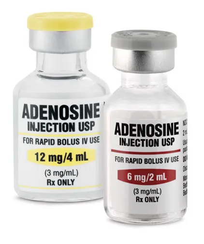 Adenosine Two vials of Adenosine Injection USP, one 12 mg/4 mL and one 6 mg/2 mL, both clearly labeled for rapid bolus IV use, commonly used for supraventricular tachycardia.