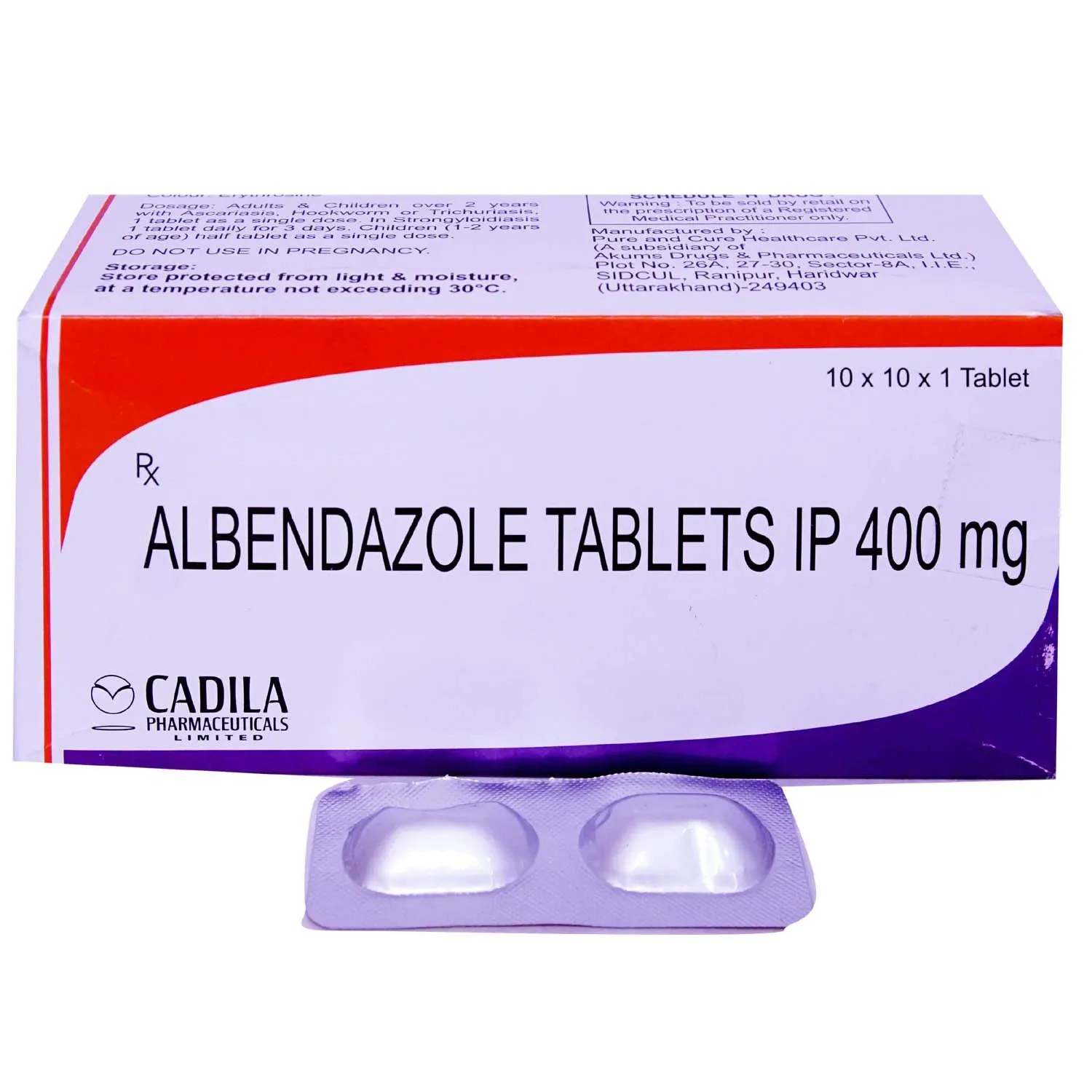 A box of Albendazole Tablets IP 400 mg by Cadila Pharmaceuticals, showing packaging details and a single blister pack with two white tablets, indicating an anthelminthic medication.