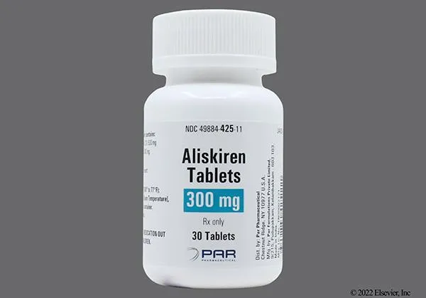 Aliskiren A white prescription bottle of Aliskiren 300 mg tablets, indicating it contains 30 tablets and is manufactured by PAR Pharmaceutical, used for treating high blood pressure.
