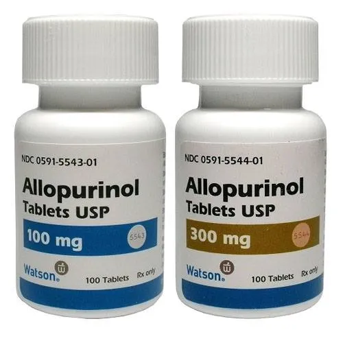 Two white prescription bottles of Allopurinol Tablets USP, one 100 mg and one 300 mg, each containing 100 tablets from Watson Pharmaceuticals, used to treat gout and kidney stones.
