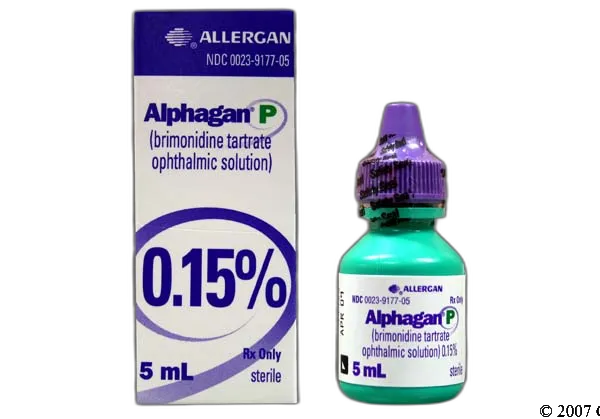 Brimonidine A box and bottle of Allergan's Alphagan P (brimonidine tartrate ophthalmic solution) 0.15%, 5 mL, for lowering intraocular pressure.