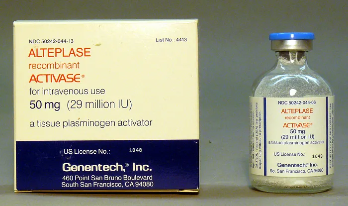 Alteplase A box and vial of Alteplase recombinant Activase 50 mg (29 million IU), a tissue plasminogen activator used for intravenous infusion to dissolve blood clots.