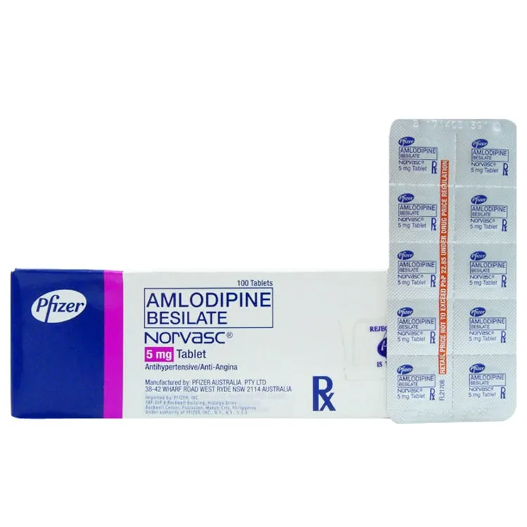 Amlodipine A box of Pfizer's Amlodipine Besilate Norvasc 5 mg tablets, containing 100 tablets, with blister packs visible, used as an antihypertensive and anti-angina medication.