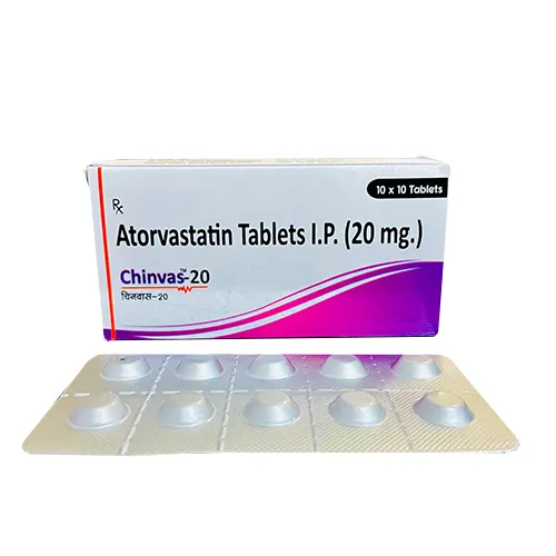 Atorvastatin A box and blister pack of Chinvas-20 (Atorvastatin Tablets I.P. 20 mg.), containing 10 x 10 tablets, a medication used to lower cholesterol.