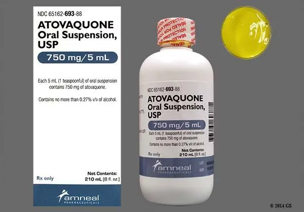 Atovaquone A bottle and box of Atovaquone Oral Suspension, USP, 750 mg/5 mL, a prescription-only medication by Amneal Pharmaceuticals, used for treating or preventing certain types of pneumonia and other parasitic infections.