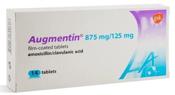 Amoxicillin-Clavulanate A box of Augmentin (amoxicillin-clavulanic acid) 875 mg/125 mg film-coated tablets by GSK, containing 14 tablets, a commonly prescribed antibiotic combination.