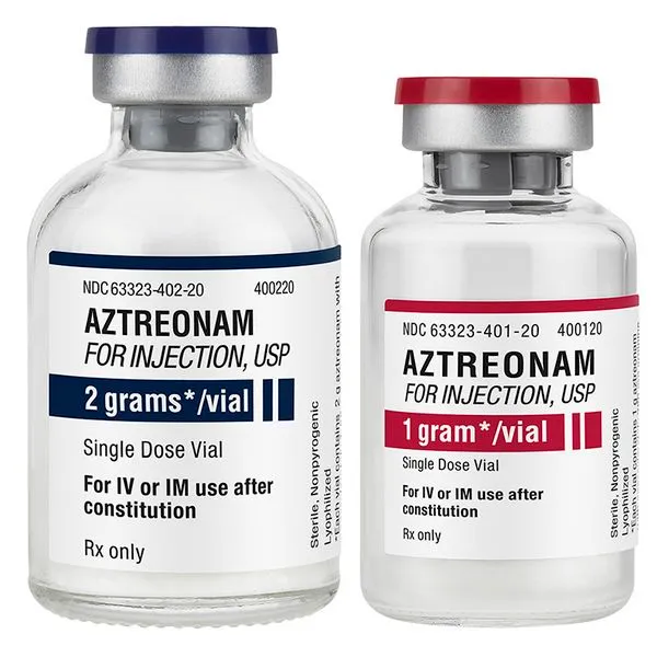 Aztreonam Two vials of Aztreonam for injection, USP, showing 1 gram and 2 gram dosages, single-dose vials for IV or IM use after constitution, a common antibiotic.
