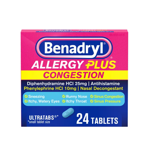 Benadryl A pink box of Benadryl Allergy Plus Congestion Ultratabs with 24 tablets, containing Diphenhydramine HCl 25mg and Phenylephrine HCl 10mg, for allergy and congestion relief.