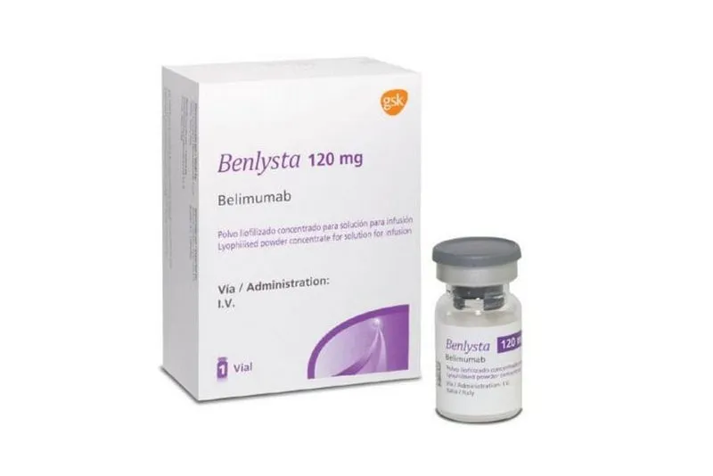A box and vial of GSK's Benlysta 120 mg (belimumab) lyophilized powder for solution for infusion, an intravenous treatment for lupus.