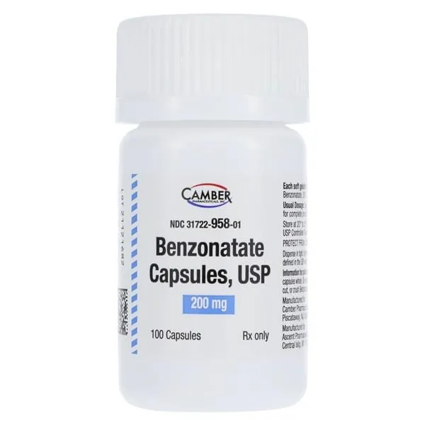 Benzonatate A bottle of Benzonatate Capsules, USP 200 mg by Camber, containing 100 capsules, used as a non-narcotic cough suppressant.