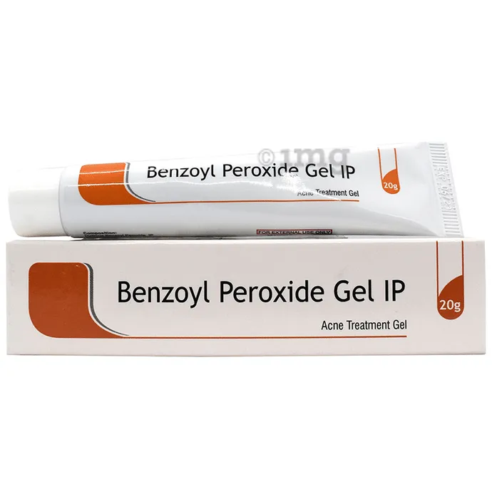 Benzoyl Peroxide A box and tube of Benzoyl Peroxide Gel IP, 20g, labeled as an acne treatment gel for external use.