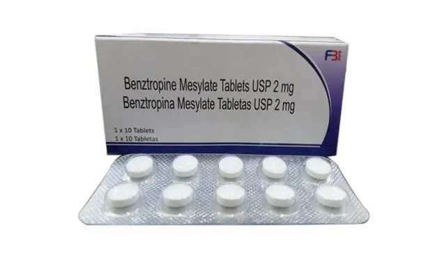 Benztropine A box and blister pack of Benztropine Mesylate Tablets USP 2 mg, white, round tablets, used to treat Parkinson's symptoms and drug-induced extrapyramidal symptoms.