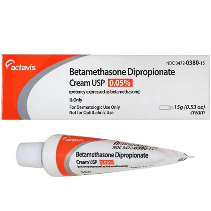 Betamethasone A box and tube of Actavis Betamethasone Dipropionate Cream USP 0.05%, 15g, a topical corticosteroid for dermatologic use.