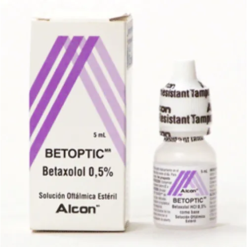 Betaxolol A box and bottle of BETOPTIC (Betaxolol 0.5%) sterile ophthalmic solution by Alcon, 5 mL, for eye conditions like glaucoma.