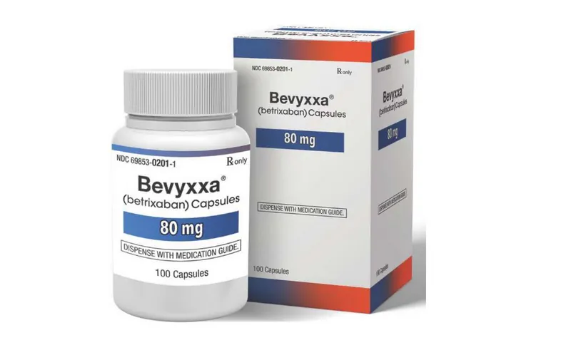 A bottle and box of Bevyxxa (betrixaban) 80 mg capsules, containing 100 capsules, with a medication guide.