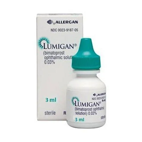 Bimatoprost A box and bottle of Allergan's Lumigan (bimatoprost ophthalmic solution) 0.03%, 3 mL, sterile, used for glaucoma.