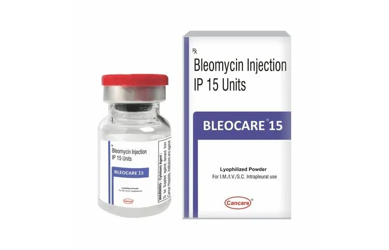 Bleomycin A box and vial of BLEOCARE 15 (Bleomycin Injection IP 15 Units) lyophilized powder for injection by Cancare, used as a cytotoxic agent