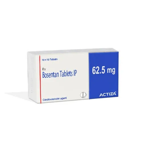 Bosentan A box of Bosentan Tablets IP 62.5 mg by ACTIZA, a cardiovascular agent for pulmonary hypertension.