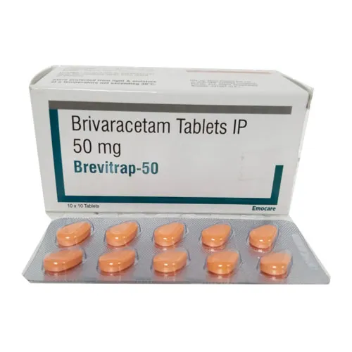 Brivaracetam A box and blister pack of Brivaracetam Tablets IP 50 mg, branded as Brevitrap-50 by Emocare, an oral medication for epilepsy, showing ten orange tablets in a blister.