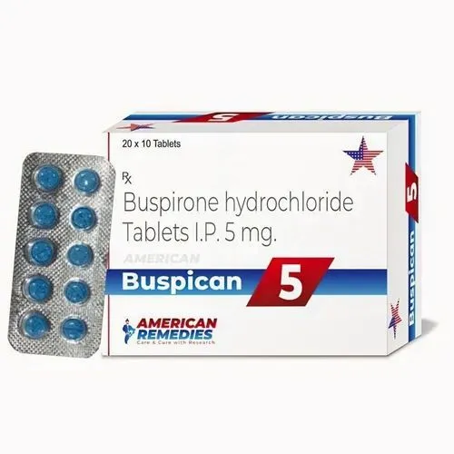 Buspirone A box and blister pack of American Remedies Buspican 5 (Buspirone hydrochloride) 5 mg tablets, an anxiolytic medication.
