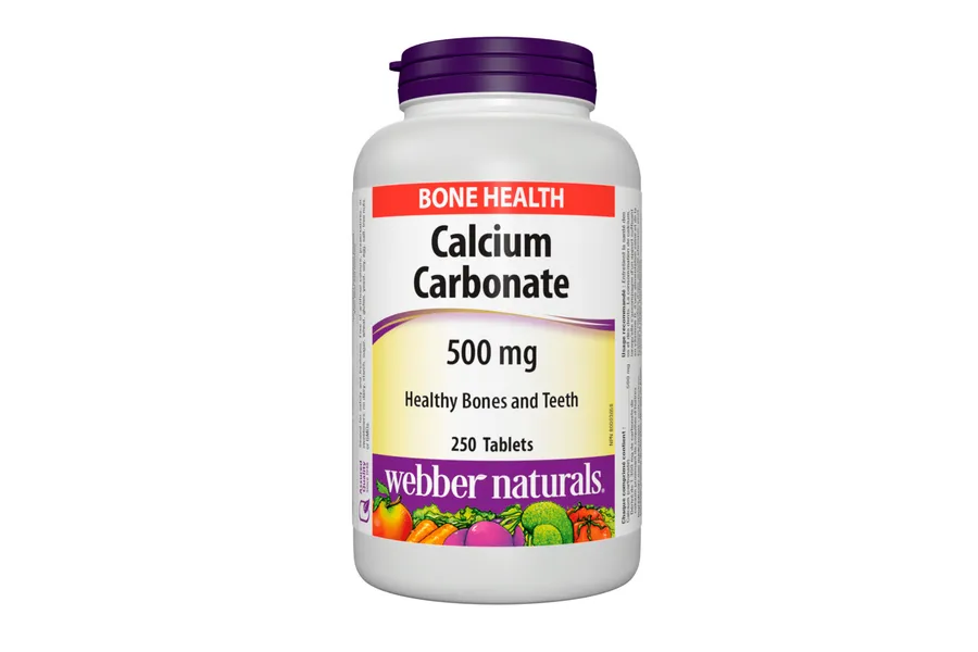 A bottle of Webber Naturals Calcium Carbonate 500 mg, containing 250 tablets, for healthy bones and teeth.