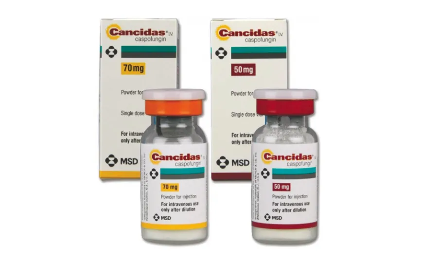 Two boxes and vials of Cancidas (caspofungin) for injection, 70 mg and 50 mg, by MSD, used for intravenous treatment of fungal infections.