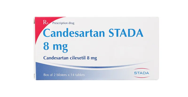 A box of Candesartan STADA 8 mg (Candesartan cilexetil 8 mg) tablets, a prescription drug from STADA, containing 2 blisters of 14 tablets.