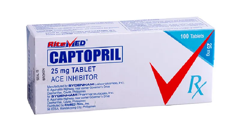 A box of RiteMED Captopril 25 mg tablets, an ACE inhibitor, containing 100 tablets.