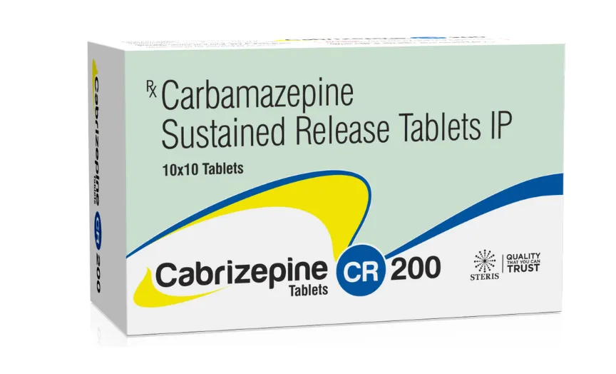 A box of STERIS Cabrizepine CR 200 Carbamazepine Sustained Release Tablets IP, containing 10x10 tablets.