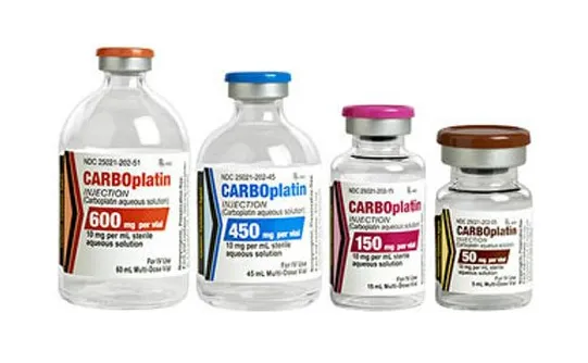 Various sizes of Carboplatin Injection aqueous solution vials, including 50 mg, 150 mg, 450 mg, and 600 mg, used for intravenous administration.