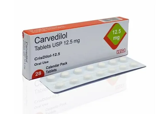 A box and blister pack of VEGA CrisDilol-12.5 Carvedilol Tablets USP 12.5 mg, a calendar pack with 28 tablets for oral use.