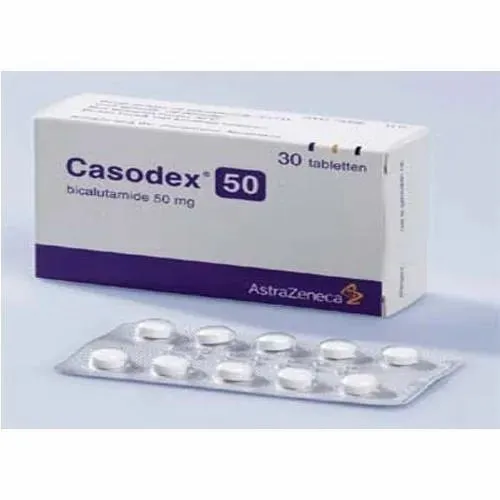 Bicalutamide A box of Casodex 50 (bicalutamide 50 mg) tablets by AstraZeneca with Dutch labeling ("30 tabletten"), along with a blister pack of white tablets, used in the treatment of prostate cancer.