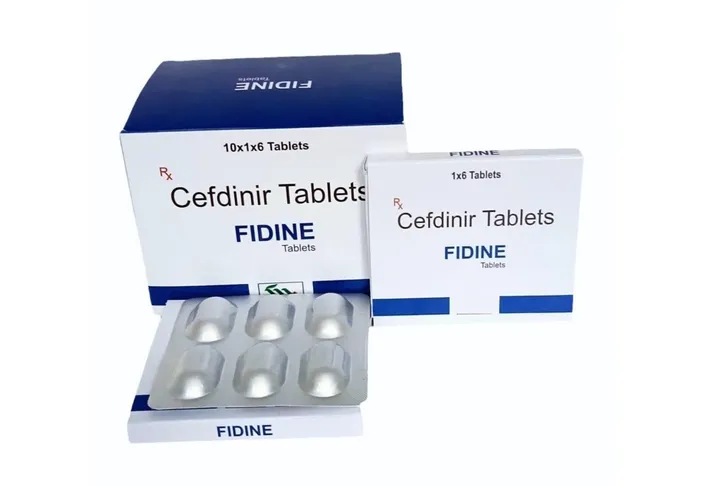 Cefdinir Two boxes of FIDINE Cefdinir Tablets, one containing 10x1x6 tablets and a smaller one with 1x6 tablets, for prescription use.