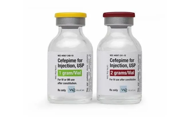 Two vials of Cefepime for Injection, USP, 1 gram and 2 grams, for IV or IM use after constitution, with yellow and maroon caps.