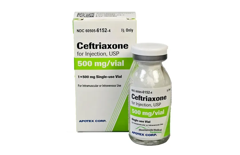 A box and vial of Apotex Corp. Ceftriaxone for Injection, USP 500 mg/vial, for intramuscular or intravenous use.
