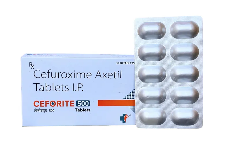 Cefuroxime A box and blister pack of CEFORITE 500 Cefuroxime Axetil Tablets I.P., containing 3x10 tablets, an antibiotic.