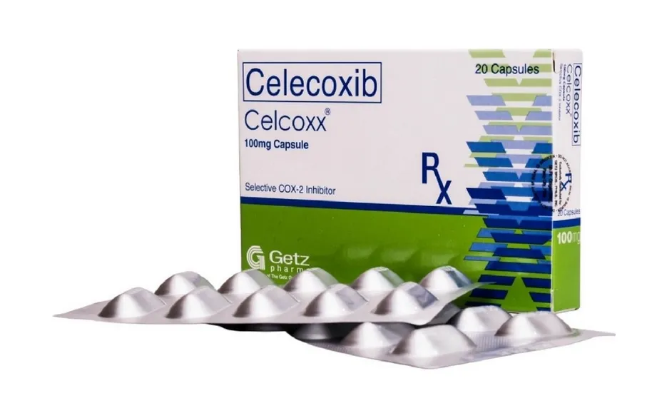 Celecoxib A box and blister packs of Getz Pharma Celcoxx (Celecoxib) 100mg Capsules, a selective COX-2 inhibitor, containing 20 capsules.