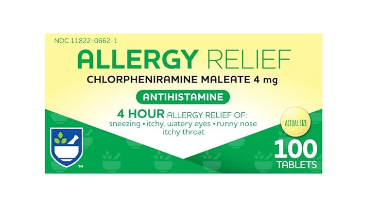 Chlorpheniramine A box of Allergy Relief Chlorpheniramine Maleate 4 mg antihistamine tablets, providing 4-hour relief from sneezing, itchy watery eyes, runny nose, and itchy throat, containing 100 tablets.