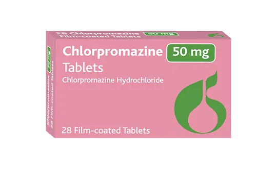 A pink box of Chlorpromazine 50 mg film-coated tablets, containing 28 tablets of Chlorpromazine Hydrochloride.