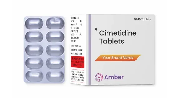 A white box of Cimetidine Tablets by Amber, with a silver blister pack of 10 tablets, used to reduce stomach acid.