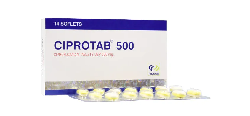 A box and blister pack of Fidson Ciprotab 500 (Ciprofloxacin Tablets USP 500 mg), containing 14 soflets, an antibiotic.