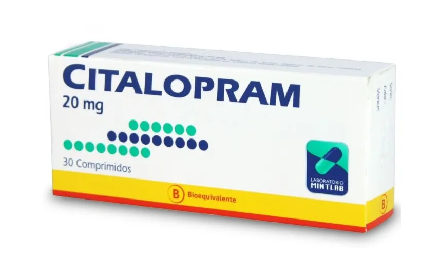 A box of Laboratorio Mintlab Citalopram 20 mg tablets, containing 30 comprimidos, indicated as bioequivalent.