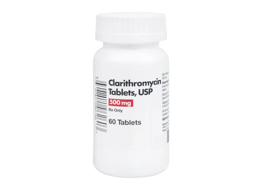 Clarithromycin A white bottle of Clarithromycin Tablets, USP 500 mg, containing 60 tablets, with a barcode on the side.