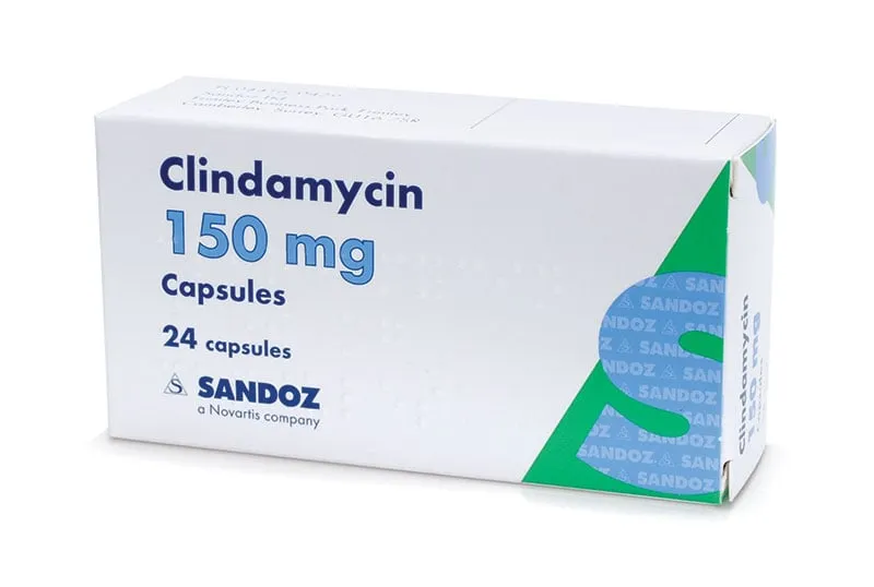 A box of Sandoz Clindamycin 150 mg capsules, containing 24 capsules, from a Novartis company.