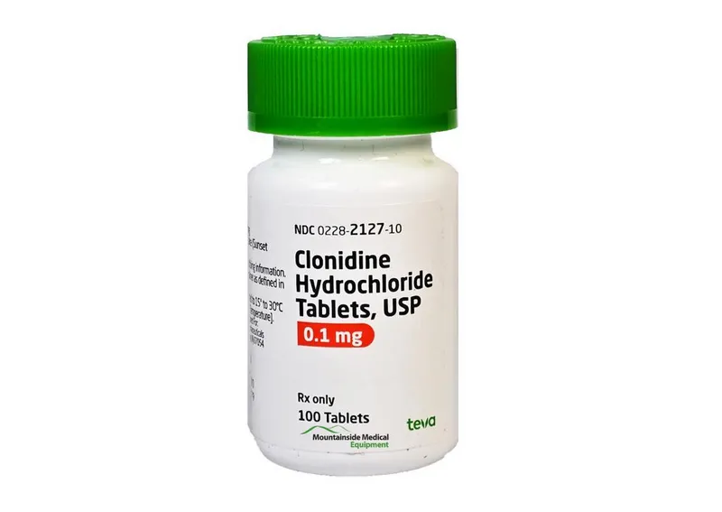 A bottle of Teva Clonidine Hydrochloride Tablets, USP 0.1 mg, containing 100 tablets, for prescription use.