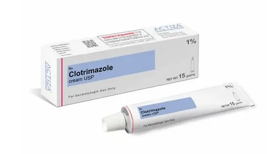 A box and tube of Actiza Clotrimazole cream USP 1%, 15 grams, for dermatologic use.