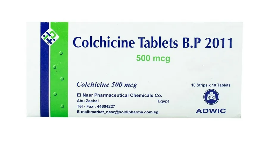 Colchicine A box of ADWIC Colchicine Tablets B.P 2011, 500 mcg, from El Nasr Pharmaceutical Chemicals Co., containing 10 strips x 10 tablets.
